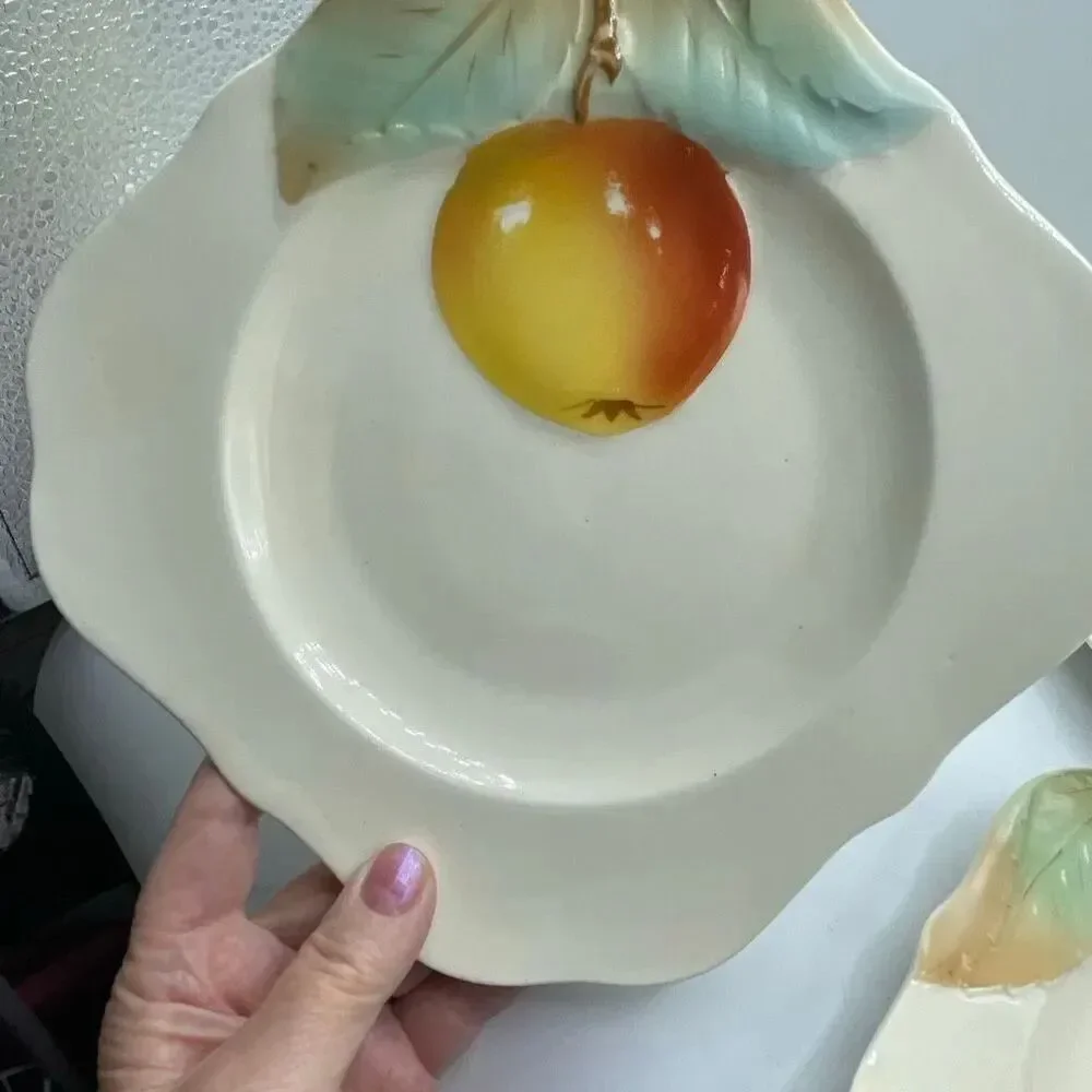 Vintage Czechoslovakia hand painted fruit decor square salad plates dinner plate